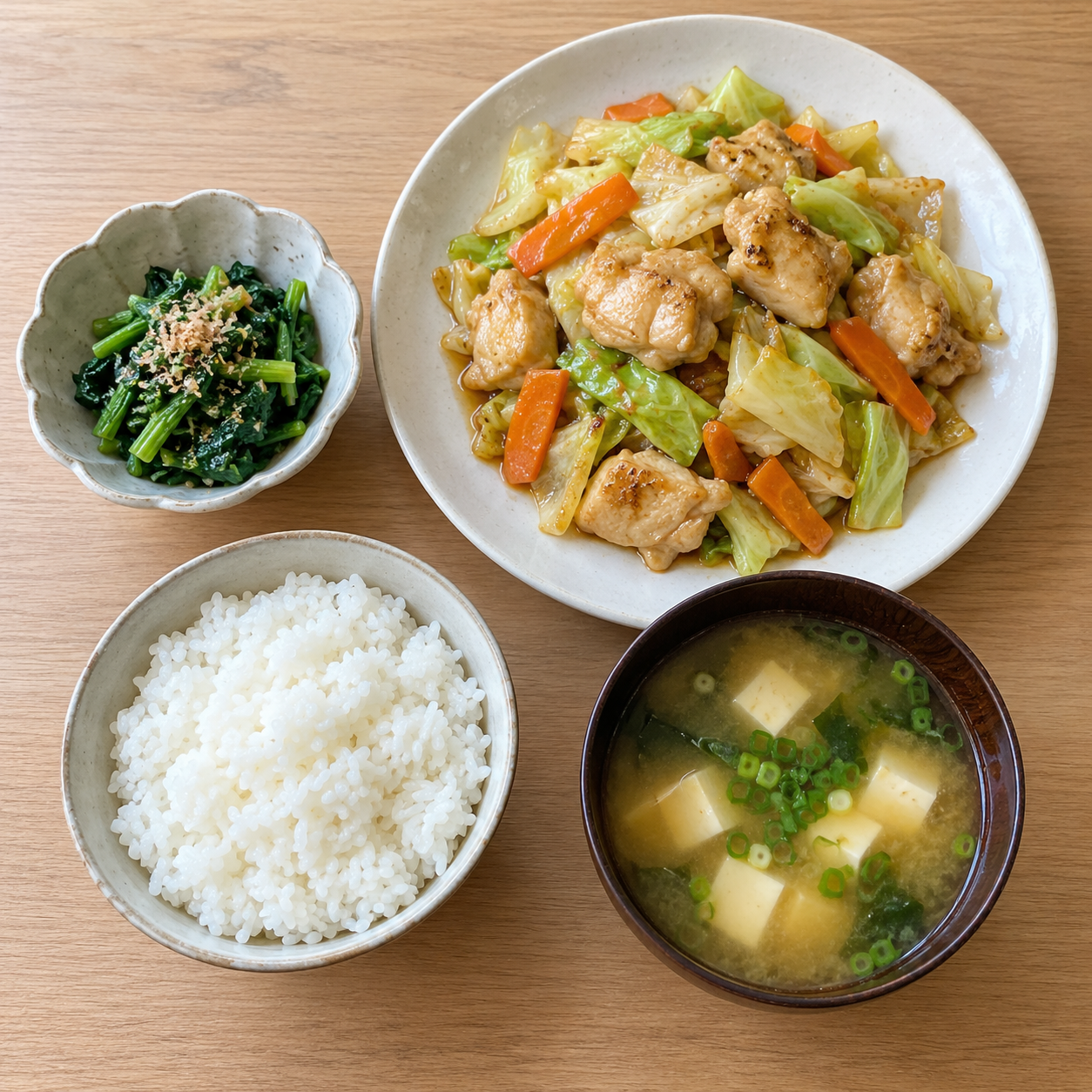 鶏肉とキャベツの炒め物定食を撮影する紹介用の写真